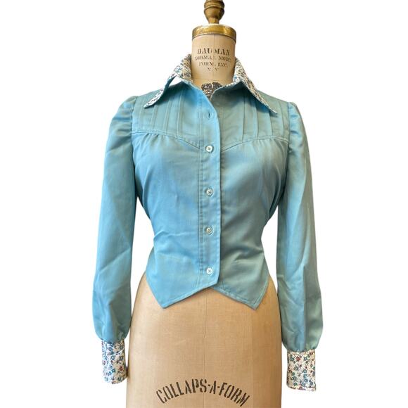 Vintage 1970s cropped aqua cotton jacket with puff shoulders floral trim small - Picture 8 of 8